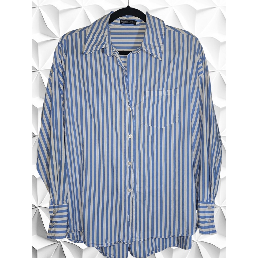 Emerson Lang Blue White Striped Cotton Button Down Shirt XL High Low Hem